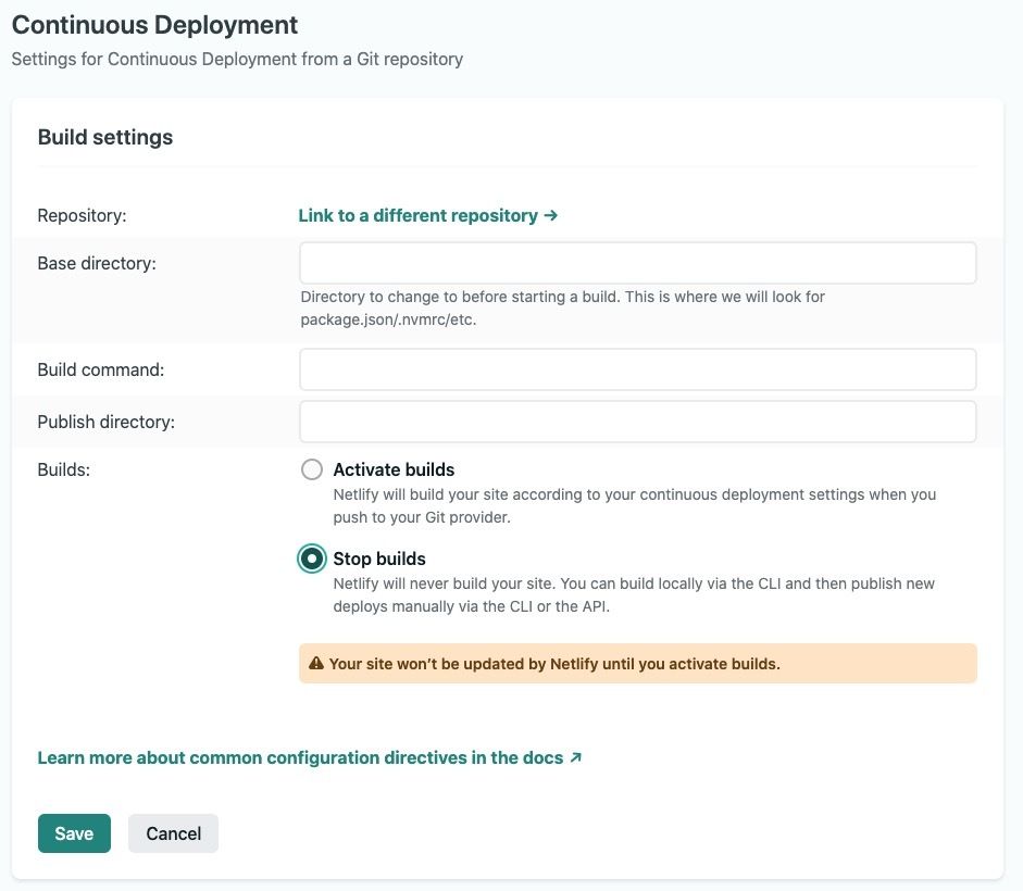 Screenshot of the Build settings on Netlify